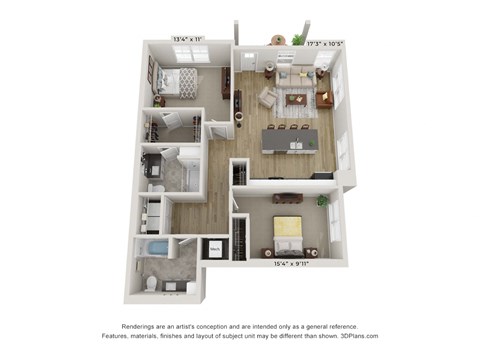 Floor plan for 2 beds, 2 baths, 1107 sqft